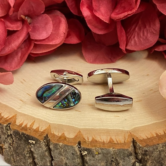 Natural Abalone Shell Silver Oval Cufflinks - Picture 10 of 16